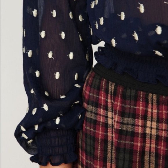 Free People Sheer Navy Polka Dot Peasant Blouse - Picture 3 of 8